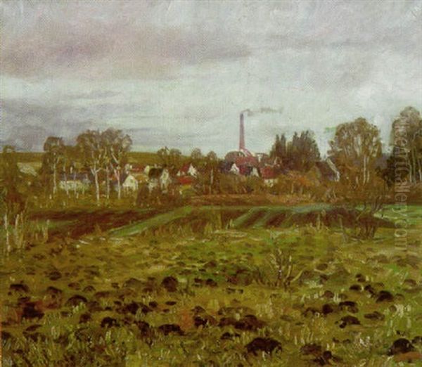 Hebstlandschaft Mit Brachland, Ortschaft Und Fabrikschornstein (bei Dachau?) Oil Painting by Hans Von Heider