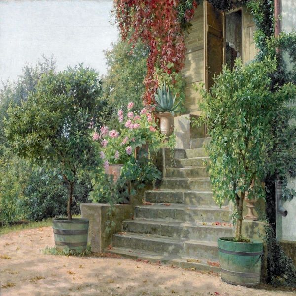 Flowers And Trees By Aflight Of Steps In A Garden Exterior Oil Painting by Vilhelmine Maria Bang