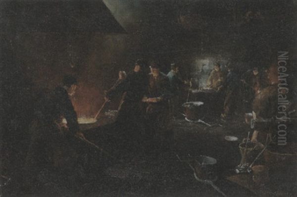 Workers In A Steel Factory Oil Painting by Herman Heijenbrock