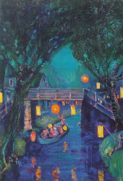 Sint Maarten-night In Giethoorn With Lanterns Hanging From Trees Oil Painting by Herman Heijenbrock