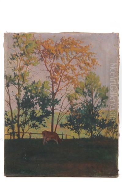 Cow At Treeline Oil Painting by Charles Emile Heil