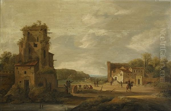 Scene From A Village Oil Painting by Daniel van Heil