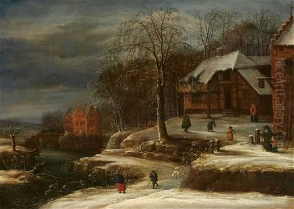 Winter Landscape With A Farmstead And Moated Castle Oil Painting by Daniel van Heil