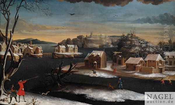 Winterliche Entenjagd In Verschneiter Kanallandschaft Mit Dorfern Oil Painting by Daniel van Heil