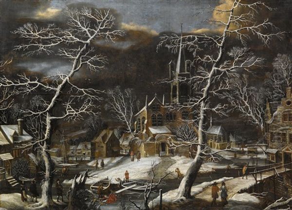 A Winter Landscape Oil Painting by Daniel van Heil