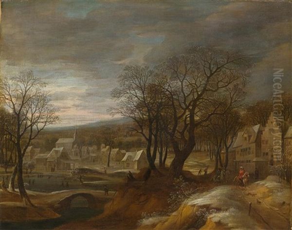 Dorf Im Winter Mit Einem Reiter Oil Painting by Daniel van Heil