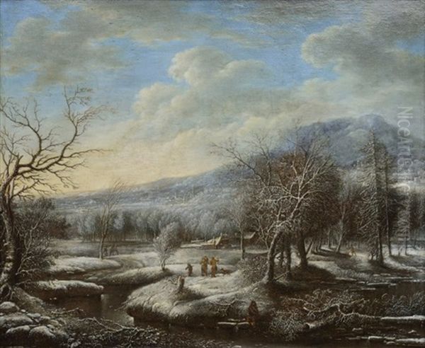 A Winter Landscape Oil Painting by Daniel van Heil