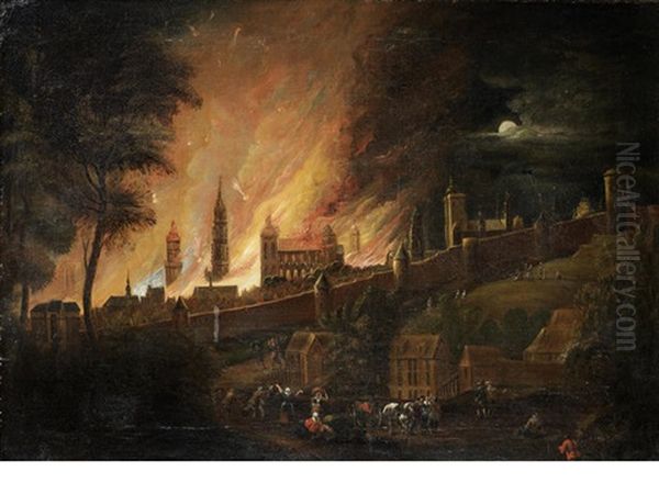 A Fire Inside The Walls Of A City Oil Painting by Daniel van Heil