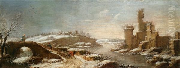 Winterliche Flusslandschaft Mit Einer Ruine Und Reisigsammlern Oil Painting by Daniel van Heil