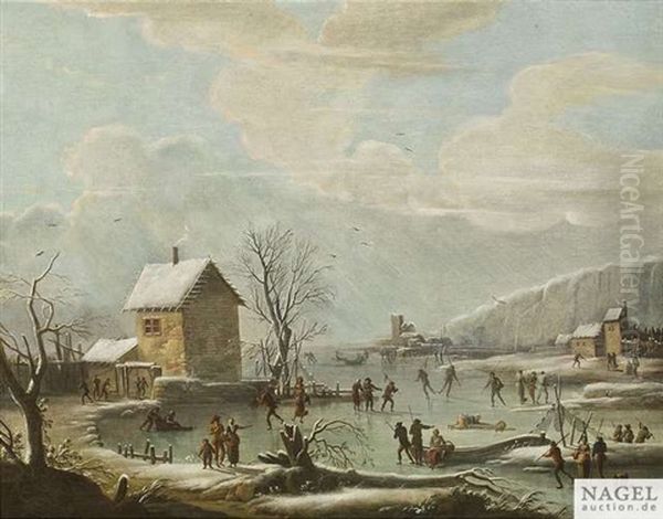 Winterliches Eisvergnugen Auf Einem Zugefrorenen See Oil Painting by Daniel van Heil