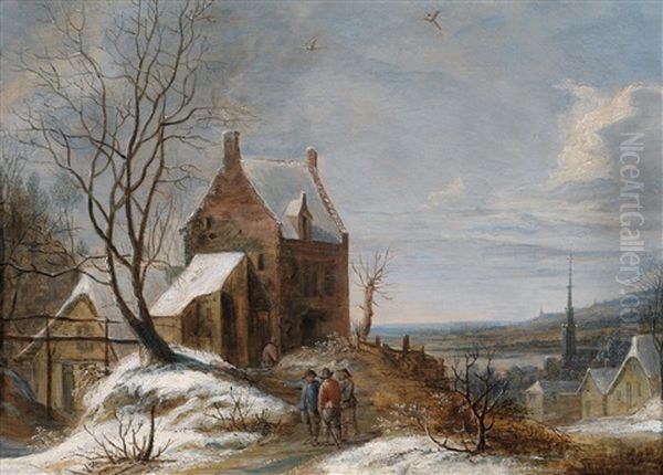 Eine Winterlandschaft Mit Der Stadt Brussel Im Hintergrund Oil Painting by Daniel van Heil