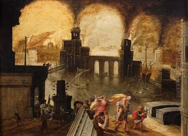 L'incendie De Troie Avec La Fuite D'enee Et De Sa Famille Oil Painting by Daniel van Heil