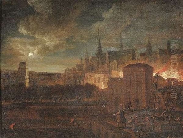 Nachtliche Feuersbrunst Vor Den Toren Einer Stadt Oil Painting by Daniel van Heil