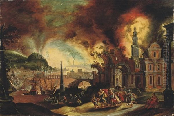 Aeneas Carrying His Father Anchises From The Burning City Of Troy Oil Painting by Daniel van Heil