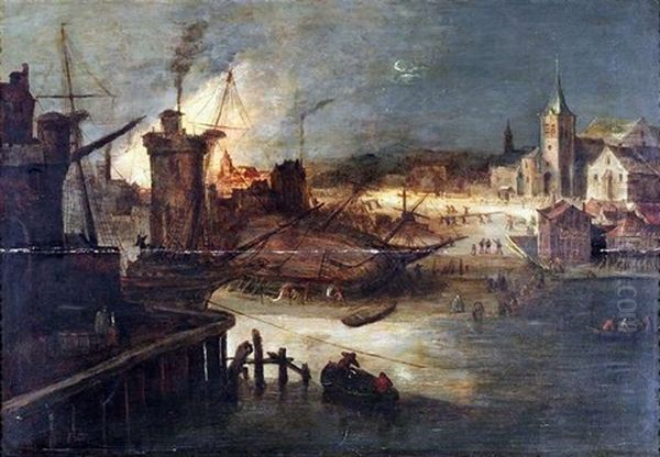 Schiffswerft In Einem Stadthafen Mit Einer Nachtlichen Feuersbrunst Oil Painting by Daniel van Heil