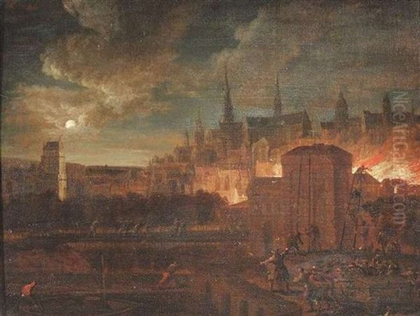 Nachtliche Feuersbrunst Vor Den Toren Einer Stadt Oil Painting by Daniel van Heil