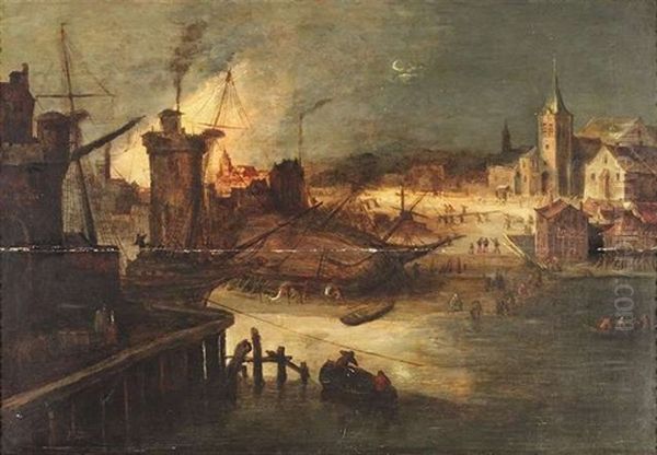 Schiffswerft In Einem Stadthafen Mit Einer Nachtlichen Feuersbrunst Oil Painting by Daniel van Heil