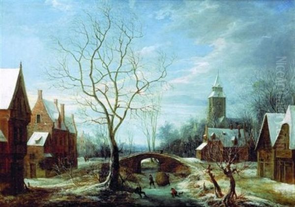 Patineurs Sur Une Riviere Gelee Dans Un Village Enneige by Daniel van Heil