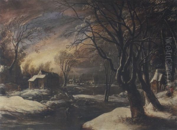 A Winter Landscape With A Kolf Player And His Dog On A Frozen River By A Village Oil Painting by Daniel van Heil