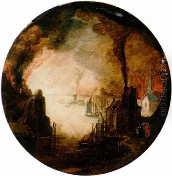 A Burning Mediterranean Seaport With A Fleeing Family Oil Painting by Daniel van Heil