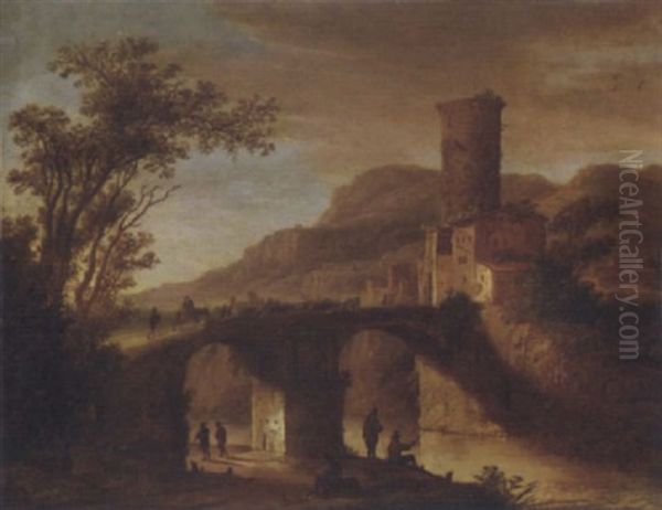 An Italianate Landscape With Fishermen By A River And Peasants Crossing A Bridge Leading To A Town Oil Painting by Daniel van Heil