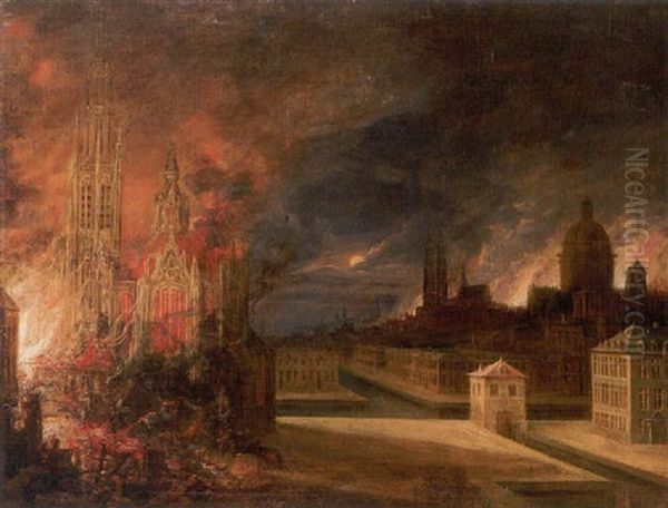 A View Of Antwerp By Moonlight With Numerous Buildings On Fire Oil Painting by Daniel van Heil