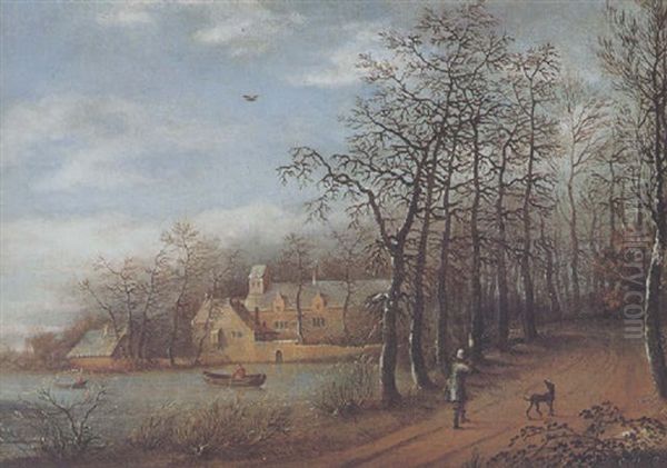 Winterlandschaft Mit Einem Teich Und Einem Jager, Im Hintergrund Ein Wasserschloss Oil Painting by Daniel van Heil