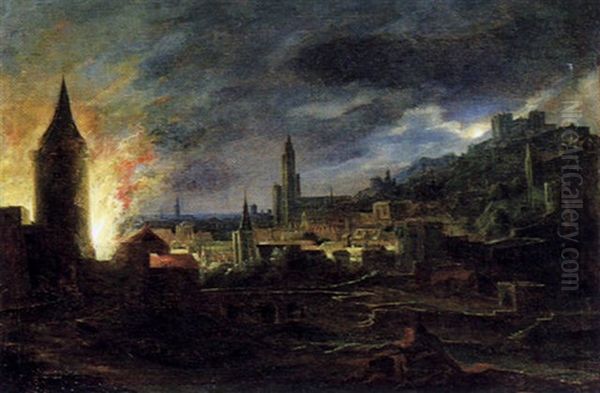 Nachtliche Feuersbrunst In Einer Stadt Oil Painting by Daniel van Heil