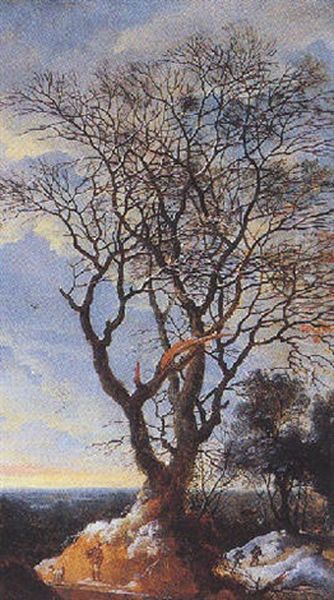 A Winter Landscape With Huntsmen Near A Large Tree Oil Painting by Daniel van Heil