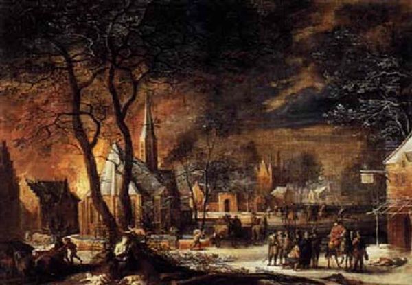 A Winter Landscape With Troops Plundering A Town And The Magdelene Sheltering By A Tree In The Foreground Oil Painting by Daniel van Heil