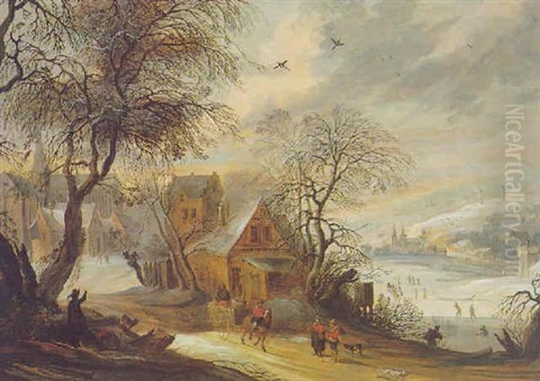 A Winter Landscape With A Village, And A Horse-drawn Cart With Figures On A Track Oil Painting by Daniel van Heil