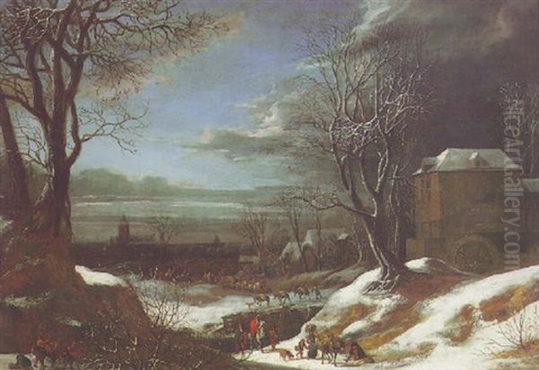 A Winter Landscape With Travellers And Figures Chopping Wood In The Foreground, A Village With A Watermill Nearby Oil Painting by Daniel van Heil