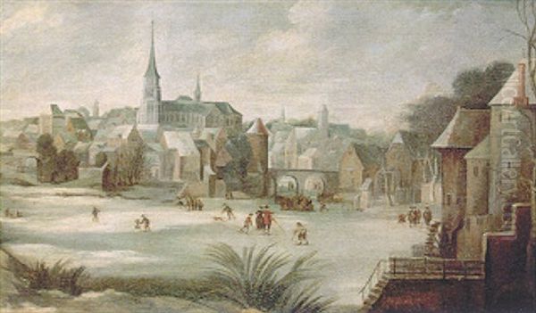 A Winter Townscape With Figures Skating On A Frozen River by Daniel van Heil