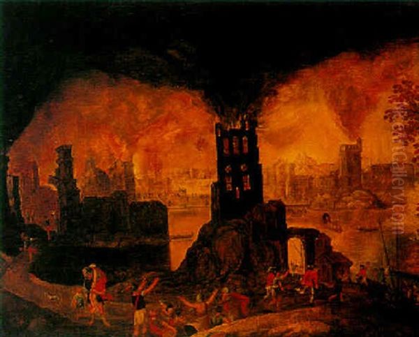 Aeneas And Anchises With The Burning Of Troy Oil Painting by Daniel van Heil