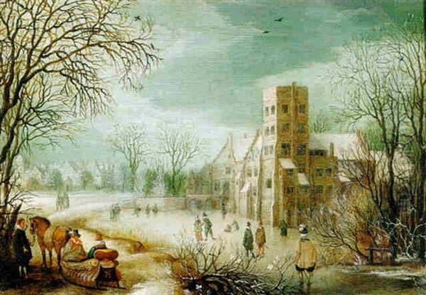 A Winter Landscape With Skaters And A Horse-drawn Sleigh Near A Castle by Daniel van Heil