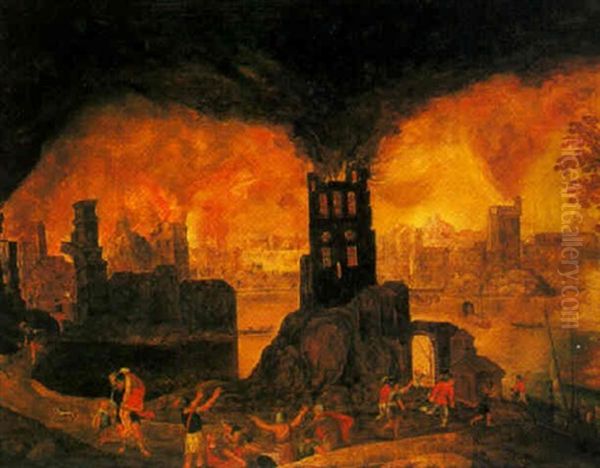 Aeneas And Anchises With The Burning Of Troy Beyond Oil Painting by Daniel van Heil