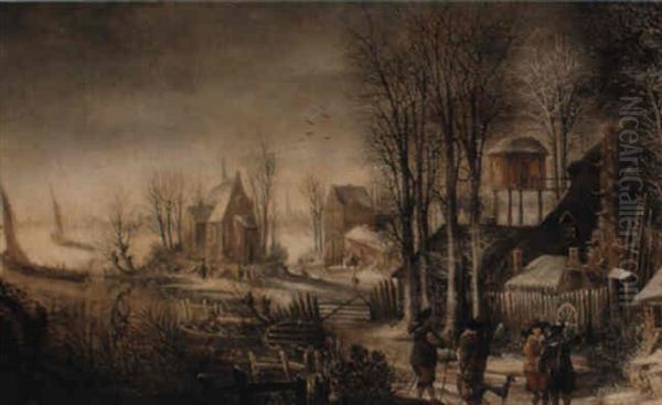 Winter Village Landscape Near A River With Figures Oil Painting by Daniel van Heil