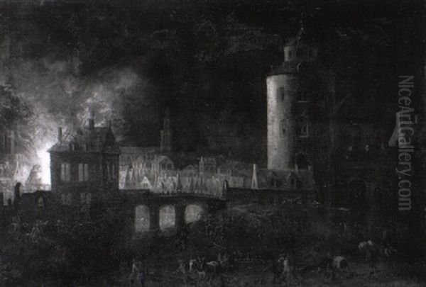 L'incendie De La Ville De Delft En 1664 Oil Painting by Daniel van Heil