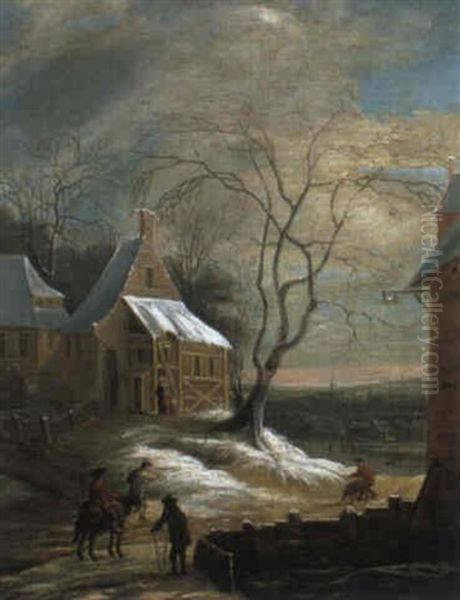 Winterlandschaft Mit Blick Auf Ein Dorf Und Einen Reiter Oil Painting by Daniel van Heil