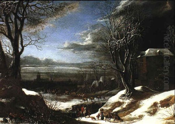 An Extensive Winter Landscape With Travellers In The        Foreground And A Town Beyond Oil Painting by Daniel van Heil