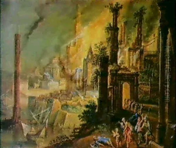 Aeneas Carrying His Father Anchises From The Blazing City Of Troy Oil Painting by Daniel van Heil