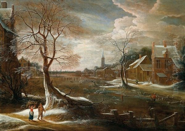 Eine Winterlandschaft Mit Einem Dorf Und Eislaufern Oil Painting by Theodore van Heil