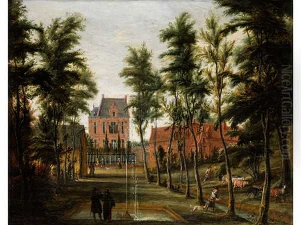 Parkanlage Mit Springbrunnen Vor Einem Schlossgebaude Oil Painting by Theodore van Heil