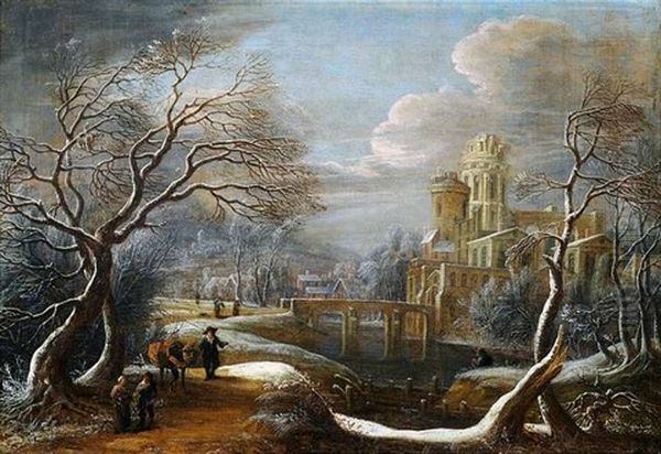 Winterlandschaft Mit Reisenden An Einem Fluss, An Dessen Ufer Sich Ein Schloss Erhebt Oil Painting by Theodore van Heil