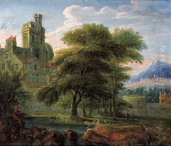 Bewaldete Flusslandschaft Mit Einem Schloss Und Einem Auf Der Schalmei Spielenden Hirten Oil Painting by Theodore van Heil