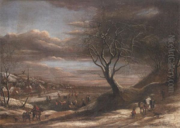 A Winter Landscape With Travellers On A Path And Figures Skating On A Lake, A View To A Village Beyond Oil Painting by Theodore van Heil