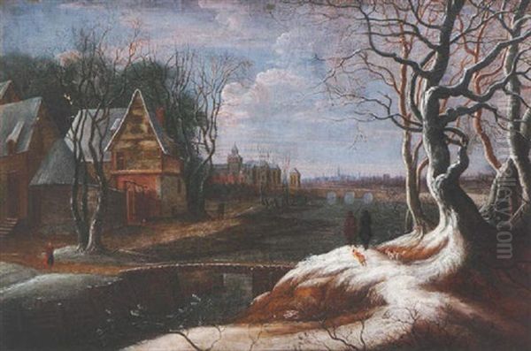 A Winter Landscape With A View Of Brussels Oil Painting by Theodore van Heil