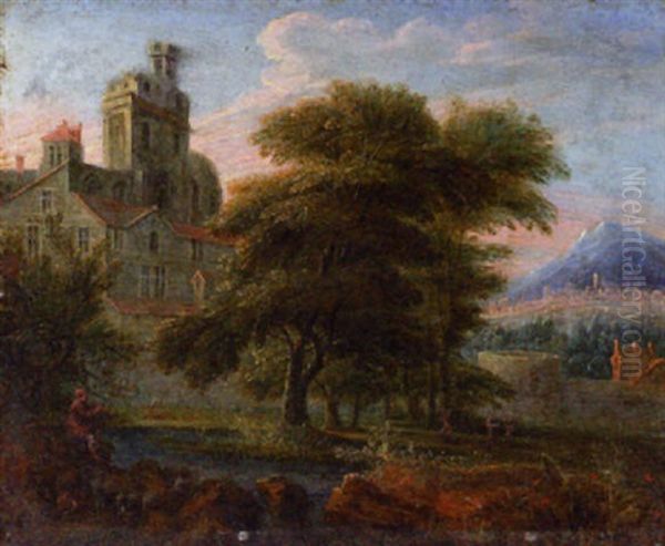 A River Landscape With A Shepherd Playing Music On The Shore, A Palace Beyond Oil Painting by Theodore van Heil