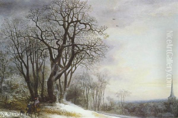 Paysage De Neige Avec Cavalier Et Son Valet Sur Un Chemin Forestier Oil Painting by Theodore van Heil