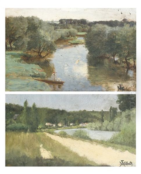 Bords De Riviere (2 Works) Oil Painting by Ferdinand Heilbuth